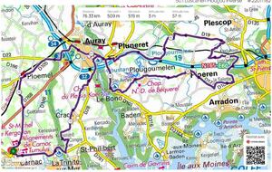 Parcours du 9 novembre: Montauban, La Trinité, rivière de Crach, Auray, Le Bon o, Plougou, Ploeren, La Salette, Luscanen, Pont Louis, Fontaine au Beurre, Keneah, Auray, Leaulet, Ploemel 