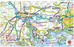 Circuit du 19 juillet: Kergroix, Ploemel, Auray,  Meriadec, Plescop, Lignol, Luscanen, Le Vincin, Roguedas, Arradon, Le Moustoir, Bourgerel, Locqueltas, Larmor Baden, Locmiquel, Mériadec, Pte du Blaire, Lanester, Baden, Le Bono, Auray, Crach, La Trinité